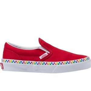 Kids Vans - Red with Rainbow Checkerboard Trim